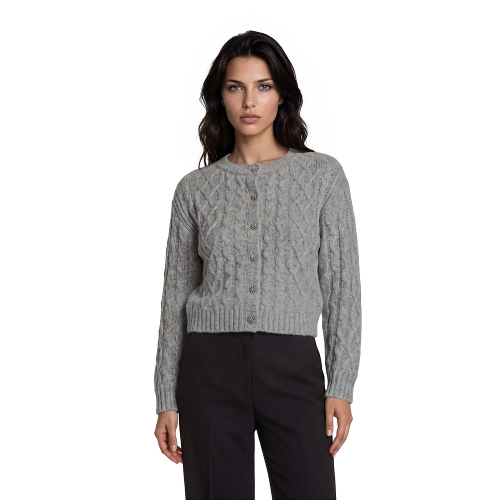 Free Assembly Cardigan Sweater Womens Size Small Gray Cable Knit Crystal Buttons